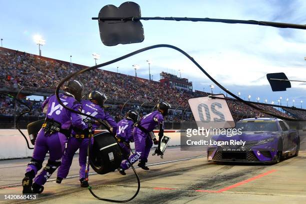 Christopher Bell, driver of the Yahoo! Toyota, pits during the NASCAR Cup Series Cook Out Southern 500 at Darlington Raceway on September 04, 2022 in...