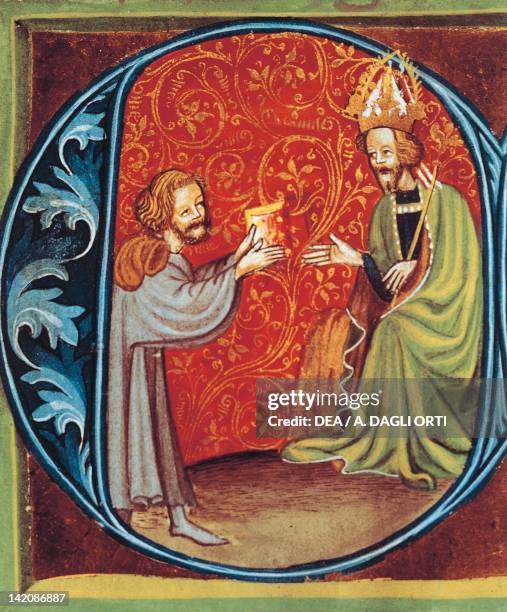 Pietro de Crescenzi presenting a copy of his agricultural treatise to King Charles IV of Bohemia, miniature from Liber Ruralium Commodorum , Czech...