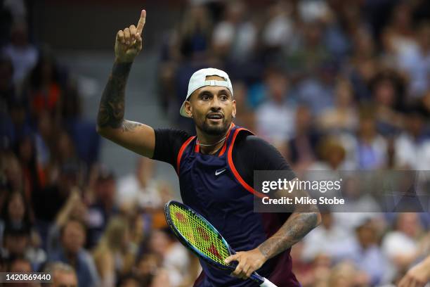 Nick Kyrgios of Australia reacts against Daniil Medvedev during their Men's Singles Fourth Round match on Day Seven of the 2022 US Open at USTA...