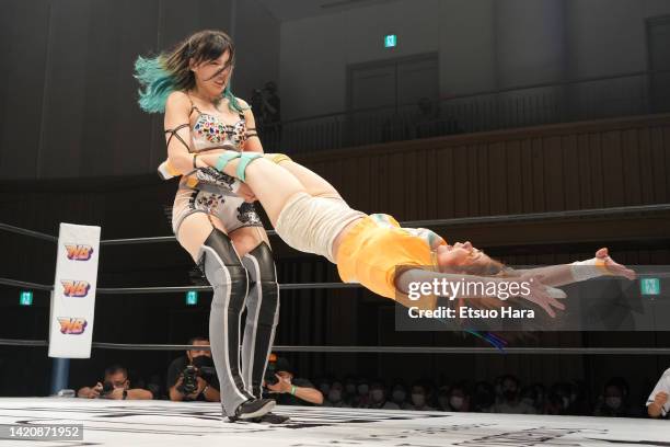 Lady C and Chie Koishikawa compete during the Women's Pro-Wrestling "Stardom" New Blood at Shinagawa Inter City Hall on August 26, 2022 in Tokyo,...