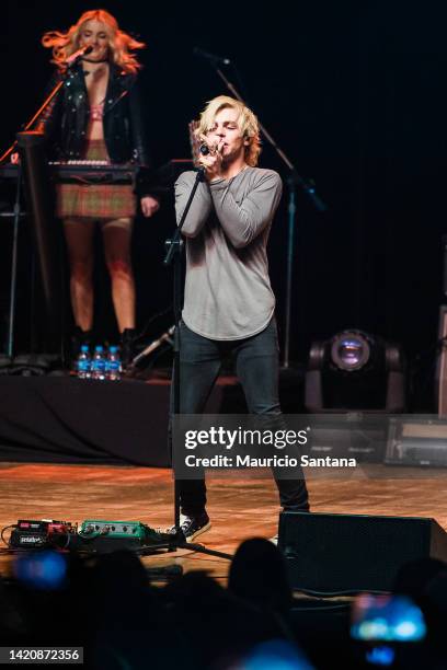 Rydel Lynch and Ross Lynch member of the band R5 performs live on stage on October 04, 2014 in Sao Paulo, Brazil.