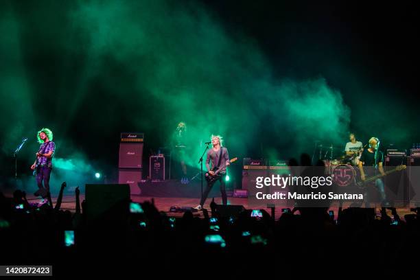 Ross Lynch, Riker Lynch, Rocky Lynch, Rydel Lynch and Ellington Ratliff members of the band R5 performs live on stage on October 04, 2014 in Sao...