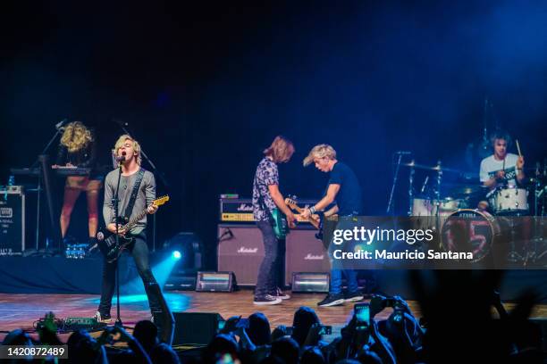 Ross Lynch, Riker Lynch, Rocky Lynch, Rydel Lynch and Ellington Ratliff members of the band R5 performs live on stage on October 04, 2014 in Sao...