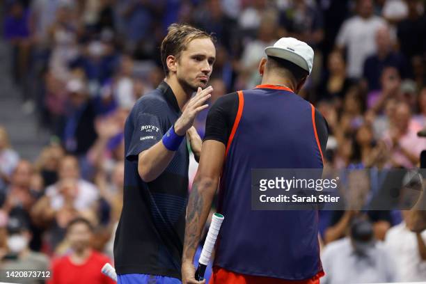 Daniil Medvedev congratulates Nick Kyrgios of Australia for winning their Men's Singles Fourth Round match on Day Seven of the 2022 US Open at USTA...