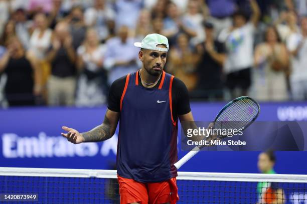 Nick Kyrgios of Australia celebrates match point against Daniil Medvedev during their Men's Singles Fourth Round match on Day Seven of the 2022 US...