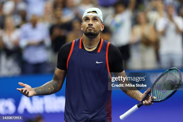 Nick Kyrgios of Australia celebrates match point against Daniil Medvedev during their Men's Singles Fourth Round match on Day Seven of the 2022 US...