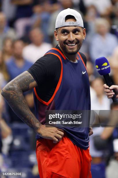 Nick Kyrgios of Australia smiles during an interview after a win against Daniil Medvedev during their Men's Singles Fourth Round match on Day Seven...