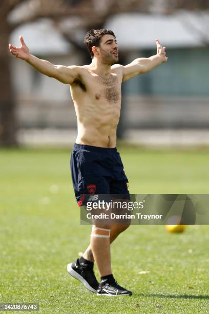 Christian Petracca of the Demons takes part during a Melbourne Demons training session at Gosch's Paddock on September 05, 2022 in Melbourne,...
