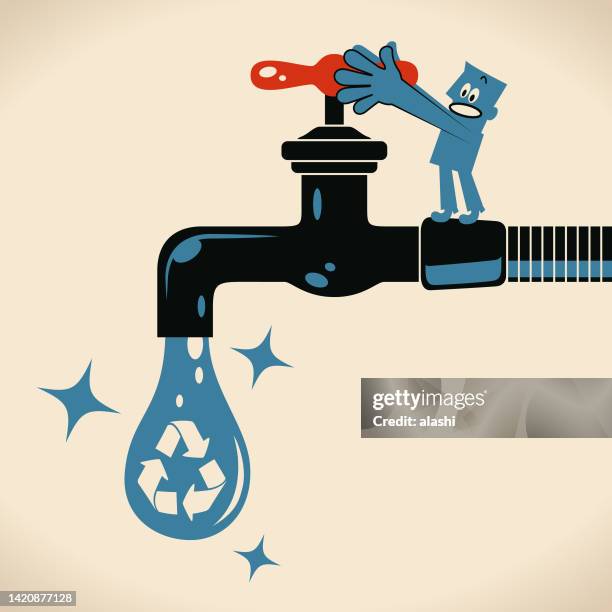 ilustraciones, imágenes clip art, dibujos animados e iconos de stock de hombre azul abriendo o abriendo el grifo (grifo), gota de agua con un símbolo de reciclaje - desertificación