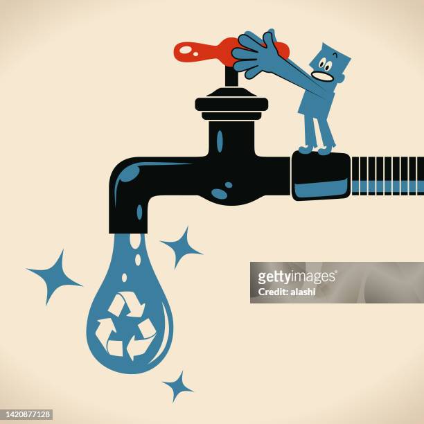blue man turning on or turning off the tap (faucet), water drop with a recycling symbol - water wastage stock illustrations