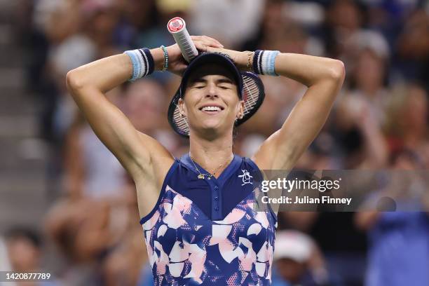 Ajla Tomljanović of Australia celebrates match point against Ludmilla Samsonova during their Women’s Singles Fourth Round match on Day Seven of the...