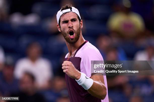 Karen Khachanov of Russia re against Pablo Carreno of Spain during their Men's Singles Fourth Round match on Day Seven of the 2022 US Open at USTA...