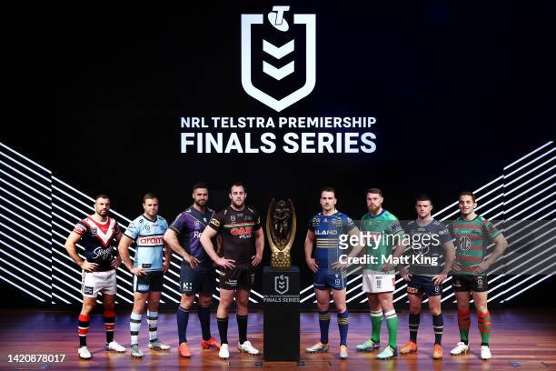 Captains participating in the 2022 NRL Finals Series James Tedesco of the Sydney Roosters, Wade Graham of the Cronulla-Sutherland Sharks, Jesse...