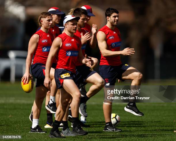 Christian Petracca of the Demons takes part during a Melbourne Demons training session at Gosch's Paddock on September 05, 2022 in Melbourne,...