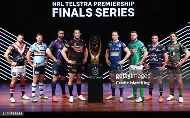 Captains participating in the 2022 NRL Finals Series James Tedesco of the Sydney Roosters, Wade Graham of the Cronulla-Sutherland Sharks, Jesse...