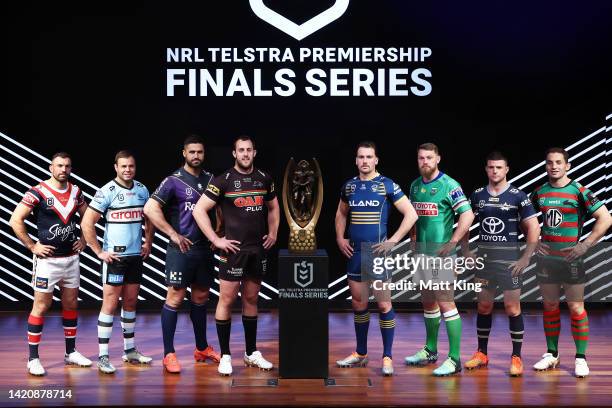 Captains participating in the 2022 NRL Finals Series James Tedesco of the Sydney Roosters, Wade Graham of the Cronulla-Sutherland Sharks, Jesse...