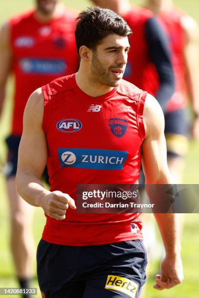 Christian Petracca of the Demons takes part during a Melbourne Demons training session at Gosch's Paddock on September 05, 2022 in Melbourne,...