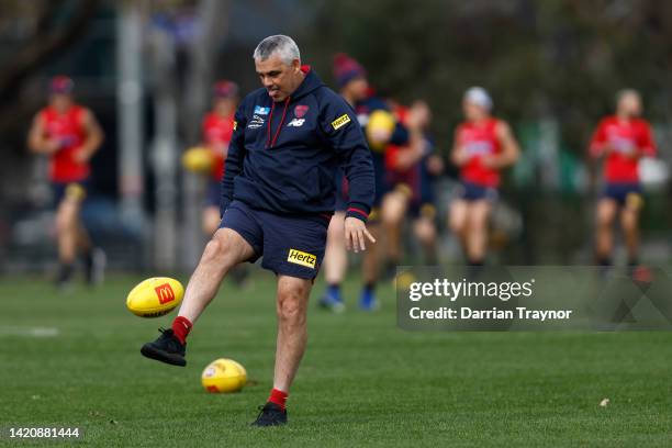Melbourne Head of Development, Mark Williams kicks the ball during a Melbourne Demons training session at Gosch's Paddock on September 05, 2022 in...