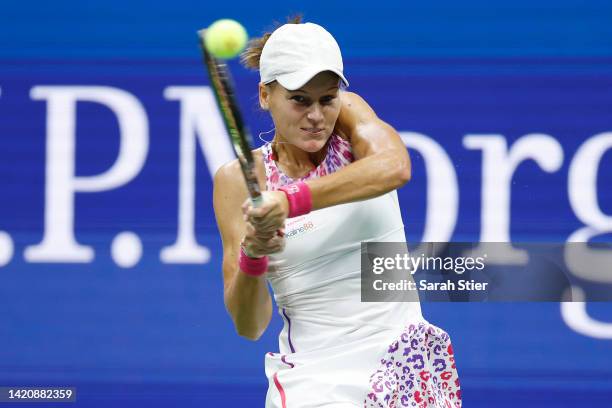 Veronika Kudermetova returns against Ons Jabeur of Tunisia during their Women’s Singles Fourth Round match on Day Seven of the 2022 US Open at USTA...