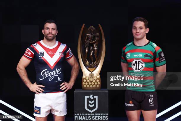 Captains participating in the 2022 NRL Finals Series James Tedesco of the Sydney Roosters and Cameron Murray of the South Sydney Rabbitohs pose with...