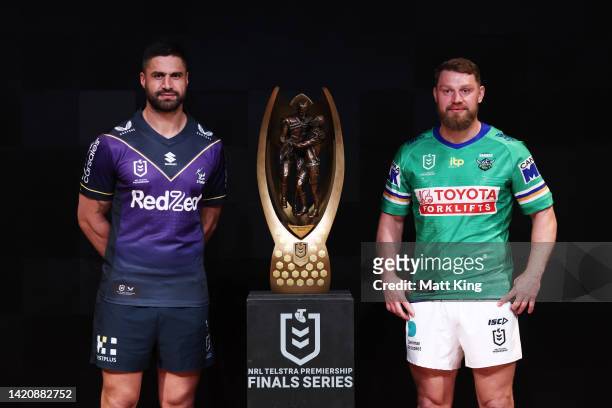 Captains participating in the 2022 NRL Finals Series Jesse Bromwich of the Melbourne Storm and Elliott Whitehead of the Canberra Raiders pose with...