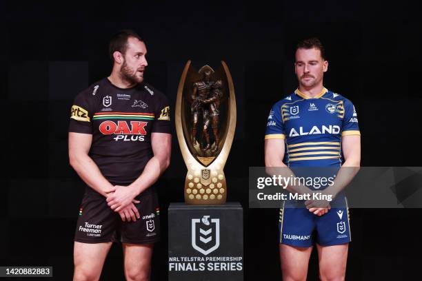 Captains participating in the 2022 NRL Finals Series Isaah Yeo of the Penrith Panthers and Clint Gutherson of the Parramatta Eels pose with the NRL...