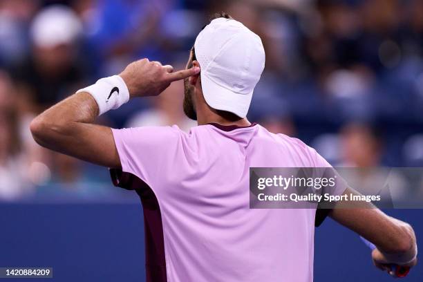 Karen Khachanov of Russia reacts against Pablo Carreno of Spain during their Men's Singles Fourth Round match on Day Seven of the 2022 US Open at...