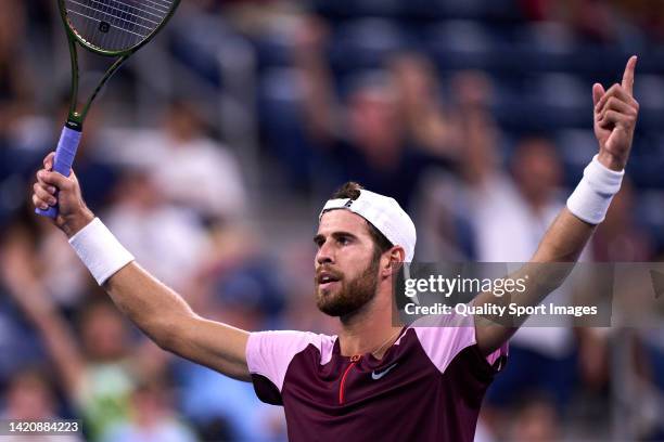 Karen Khachanov of Russia reacts against Pablo Carreno of Spain during their Men's Singles Fourth Round match on Day Seven of the 2022 US Open at...