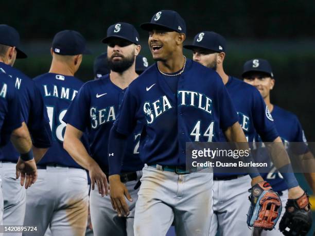 Julio Rodriguez of the Seattle Mariners celebrates after a win over the Detroit Tigers at Comerica Park on August 30 in Detroit, Michigan.