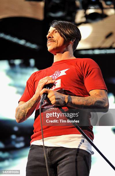 Anthony Kiedis of Red Hot Chili Peppers performs at Tampa Bay Times Forum on March 29, 2012 in Tampa, Florida. )