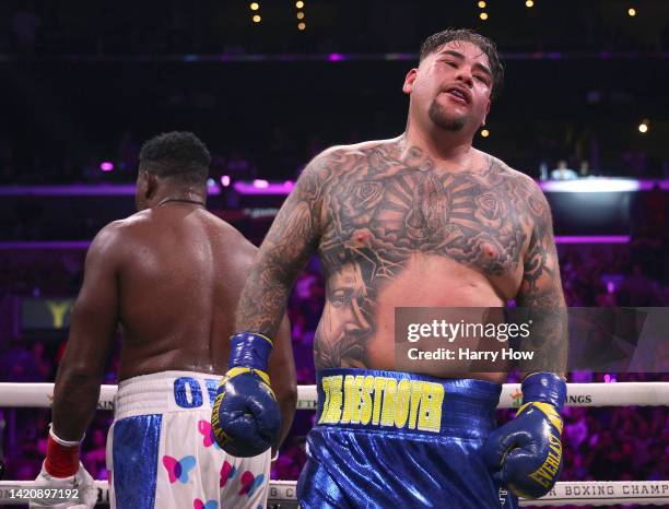 Andy Ruiz Jr. Reacts to the bell at the end of the 12th round on his way to a unanimous decision win over Luis Ortiz during a WBC world heavyweight...