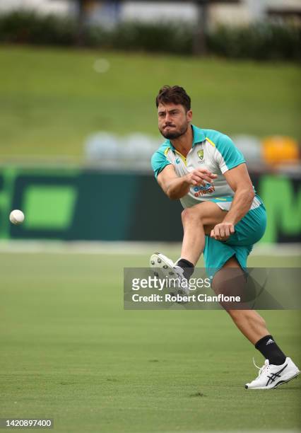 Marcus Stoinis of Australia fields during a nets session at Cazaly's Stadium on September 05, 2022 in Cairns, Australia.