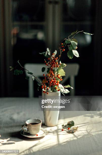 apple brunch on vase and coffe cup on table with gray tablecloth decorations against window. interior living room green and gray scandinavian hugge autumn decor. - living room dark stock-fotos und bilder