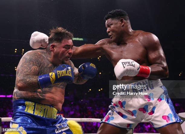 Luis Ortiz punches Andy Ruiz Jr. To a unanimous decision loss during a WBC world heavyweight title eliminator fight on September 04, 2022 in Los...