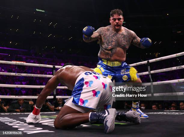 Andy Ruiz Jr. Reacts after knocking down Luis Ortiz on his way to a unanimous decision win during a WBC world heavyweight title eliminator fight on...