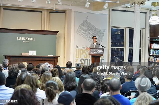 Political commentator and MSNBC host Rachel Maddow promotes the new book "Drift The Unmooring of American Military Power" at the Barnes & Noble Union...
