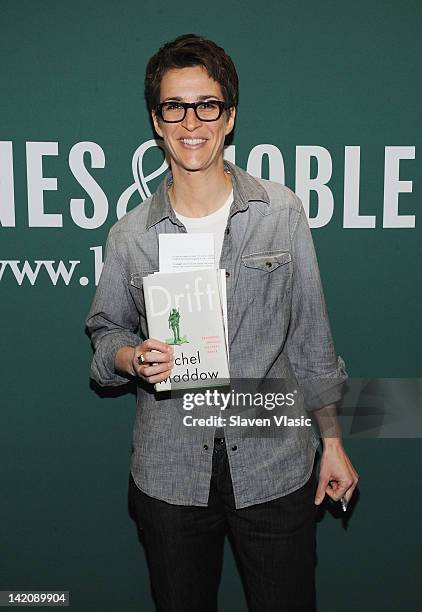 Political commentator and MSNBC host Rachel Maddow promotes the new book "Drift The Unmooring of American Military Power" at the Barnes & Noble Union...