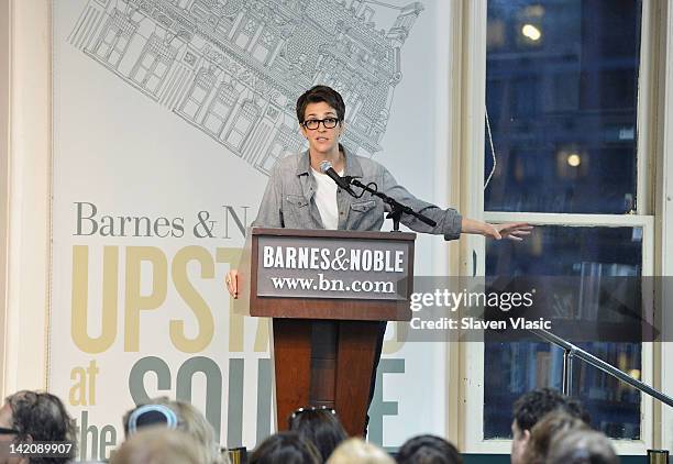 Political commentator and MSNBC host Rachel Maddow promotes the new book "Drift The Unmooring of American Military Power" at the Barnes & Noble Union...