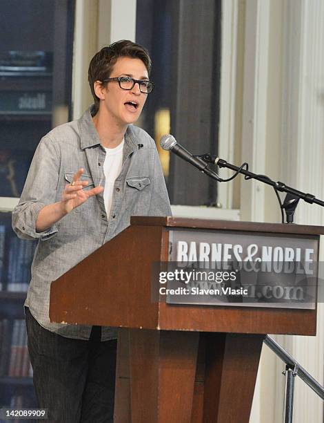 Political commentator and MSNBC host Rachel Maddow promotes the new book "Drift The Unmooring of American Military Power" at the Barnes & Noble Union...