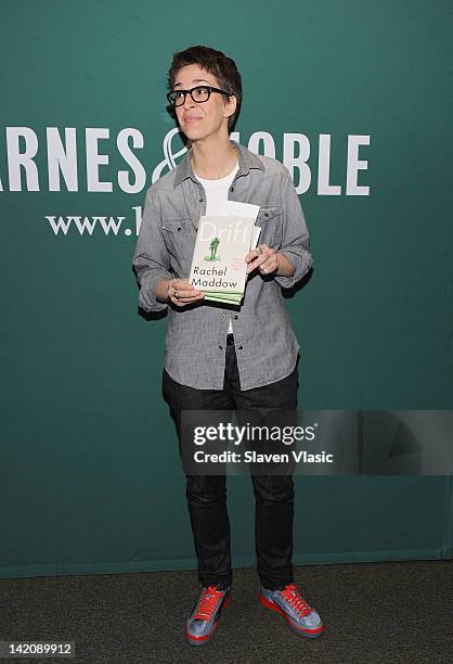 Political commentator and MSNBC host Rachel Maddow promotes the new book "Drift The Unmooring of American Military Power" at the Barnes & Noble Union...