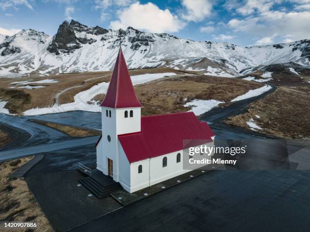 iceland church of vik in winter drone view reyniskirkja chruch - vik stock pictures, royalty-free photos & images