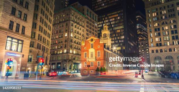 iconic boston old state house building at night time in massachusetts usa, united state of america, architecture and building with tourist and travel destination concept - boston financial district stock pictures, royalty-free photos & images