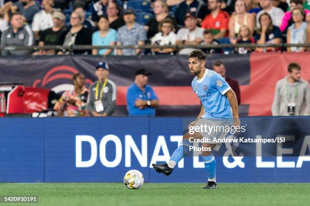 Nicolas Acevedo of New York City FC passes the ball during a game between New York City FC and New England Revolution at Gillette Stadium on...