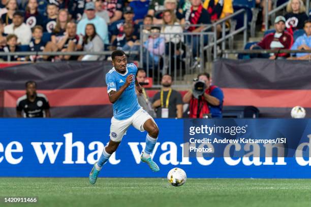 Thiago Andrade of New York City FC dribbles down the wing during a game between New York City FC and New England Revolution at Gillette Stadium on...