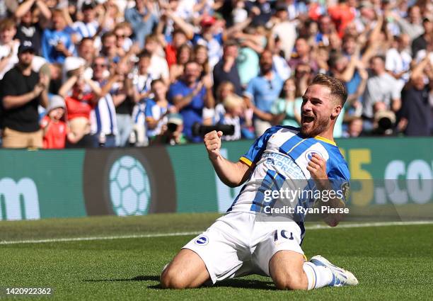 Alexis Mac Allister of Brighton & Hove Albion celebrates a goal that is later disallowed following a VAR decision during the Premier League match...