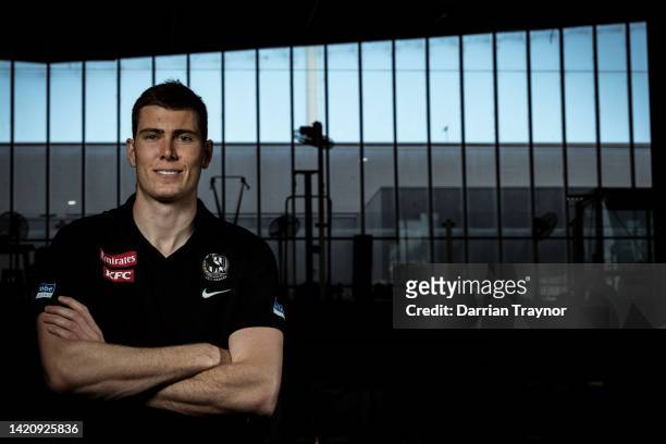 Mason Cox of the Magpies poses for a photo during a Collingwood Magpies AFL media opportunity at AIA Centre on September 05, 2022 in Melbourne,...