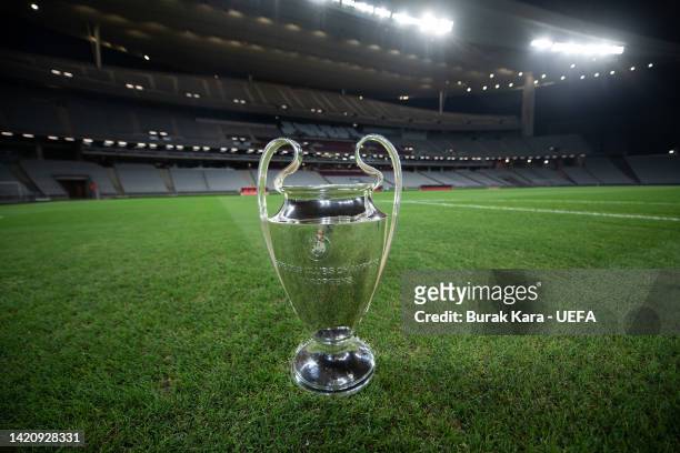 Turkiye The Champions League Trophy is seen at Ataturk Olympic Stadium on August 29, 2022 in Istanbul, Turkiye. The Ataturk Olympic Stadium is the...