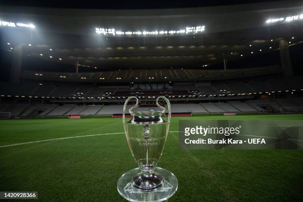 Turkiye The Champions League Trophy is seen at Ataturk Olympic Stadium on August 29, 2022 in Istanbul, Turkiye. The Ataturk Olympic Stadium is the...