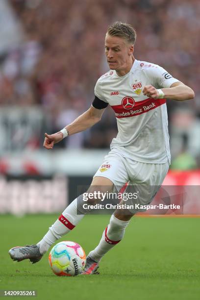 Chris Fuehrich of VfB Stuttgart in action during the Bundesliga match between VfB Stuttgart and FC Schalke 04 at Mercedes-Benz Arena on September 03,...