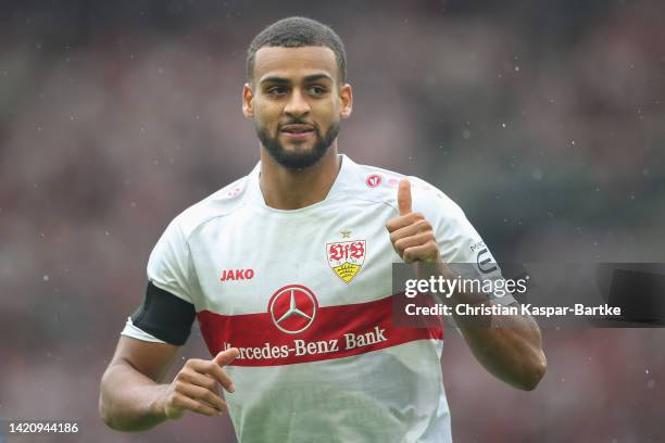 Joshua Vagnoman of VfB Stuttgart reacts during the Bundesliga match between VfB Stuttgart and FC Schalke 04 at Mercedes-Benz Arena on September 03,...